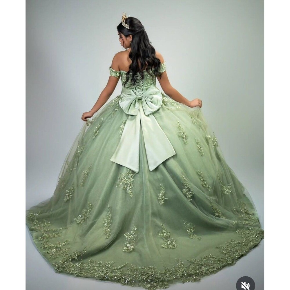 Off-Shoulder Sage Green Midi Ball Gown Dress with Bow